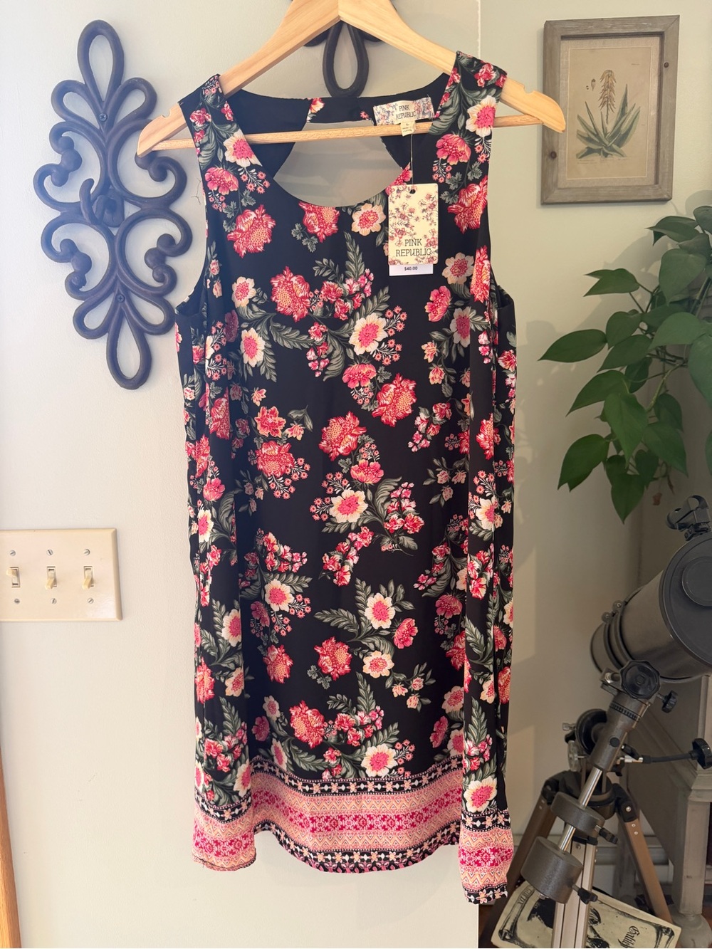 Pink Republic Black Floral Sleeveless Mini Dress with Pink Accents